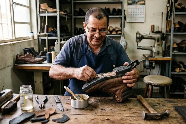 Sapateiro em Tatuí colando a sola de um calçado, demonstrando o processo de colagem.