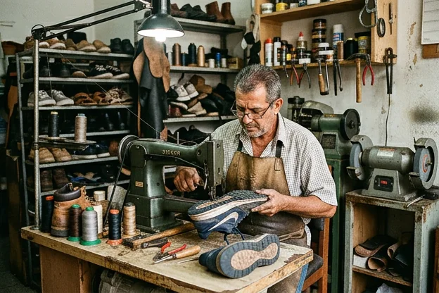 Sapateiro em Tatuí reparando um tênis, com foco na qualidade do trabalho.