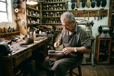 Sapateiro em Tatuí reformando um sapato social, mostrando as etapas da reforma.