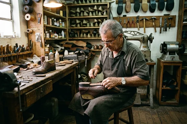 Sapateiro em Tatuí reformando um sapato social, mostrando as etapas da reforma.