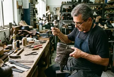 Sapateiro em Tatuí consertando o zíper de uma bota com ferramentas adequadas.