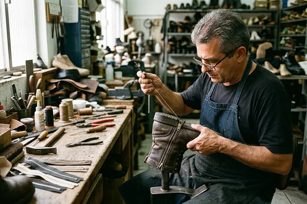 Sapateiro em Tatuí consertando o zíper de uma bota com ferramentas adequadas.