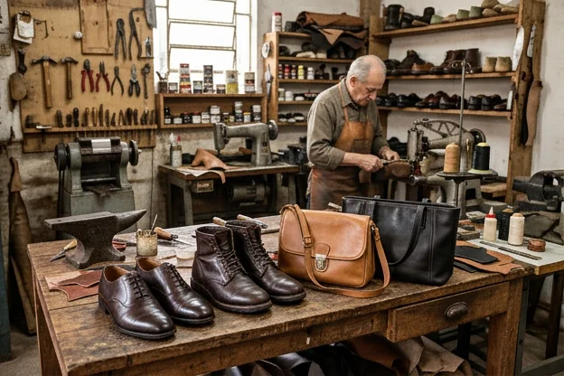 Sapatos e bolsas reformados, destacando a qualidade dos serviços oferecidos em Tatuí.