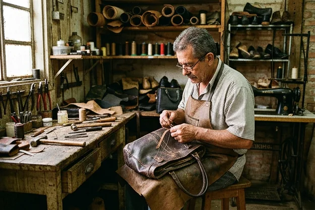 Sapateiro em Tatuí reformando uma bolsa de couro com atenção aos detalhes.